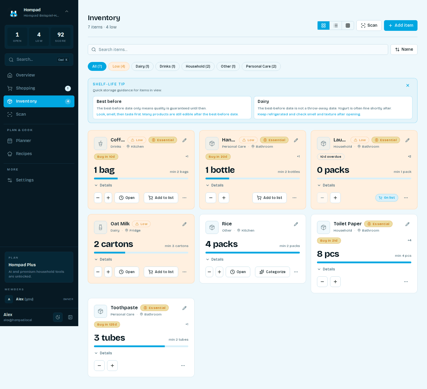 Hompad Inventar im Beispiel-Haushalt auf Desktop