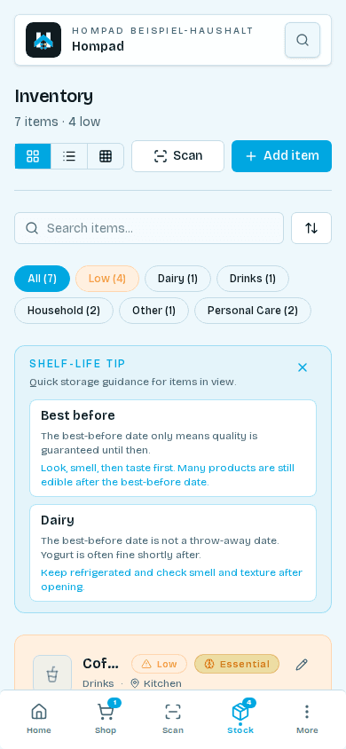 Hompad Inventar im Beispiel-Haushalt auf Mobile